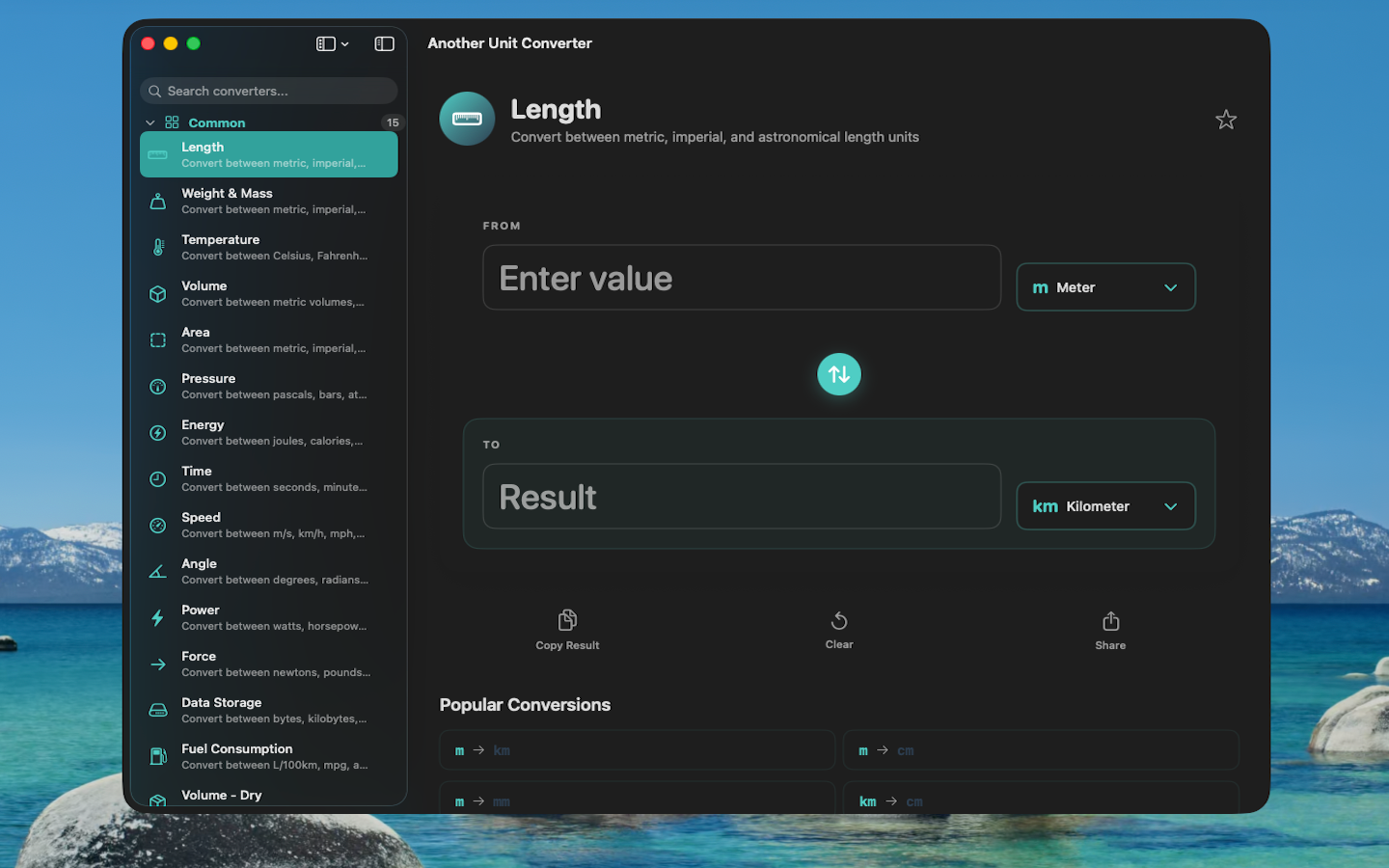 Another Unit Converter - Main interface with sidebar navigation