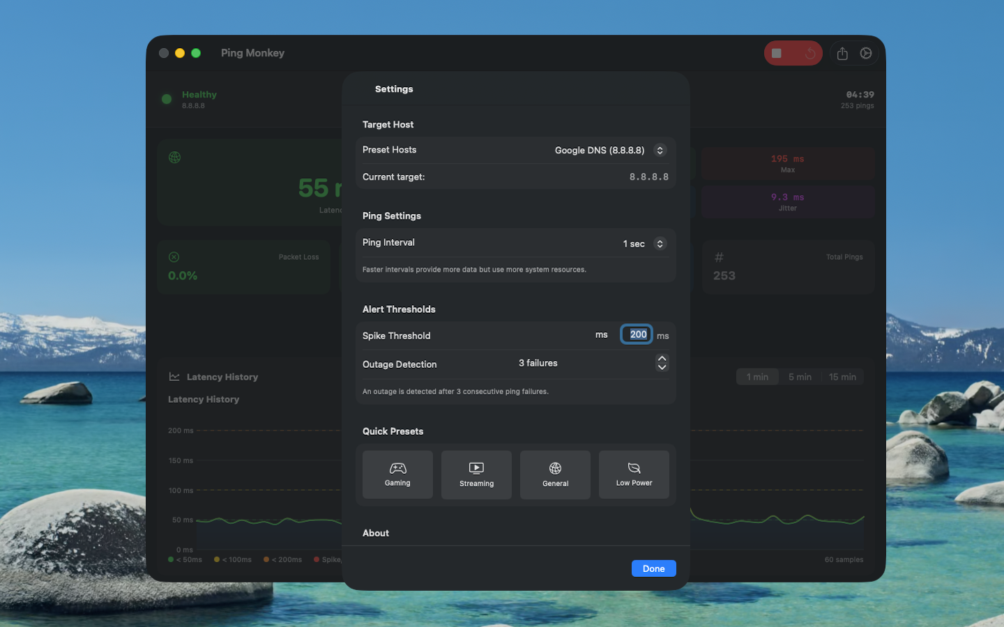 Ping Monkey Settings - Configuration options and quick presets