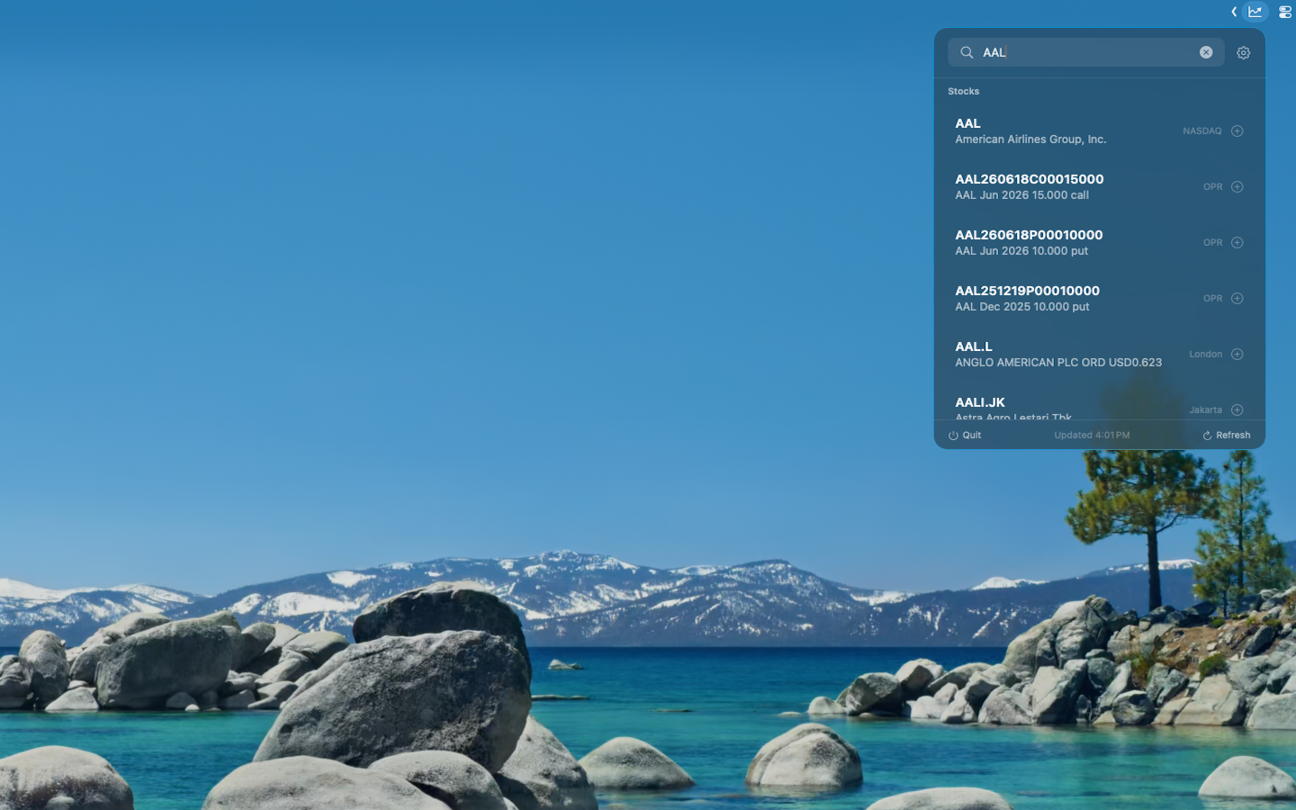 Toucan Ticker - Main menu bar view with stock prices